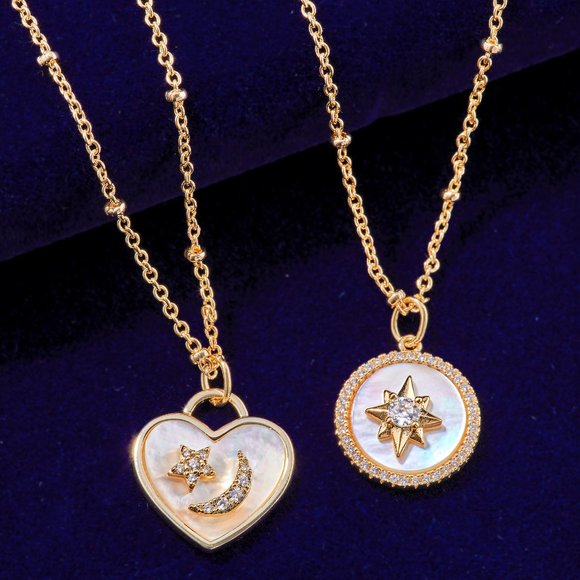 Champagne Gold Necklace with Mother Of Pearl, Heart with Star and Moon - Picture 3 of 7